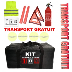 Set Kit - Trusa siguranta auto omologat R.A.R, Stingator cu manometru 1kg P1 , Trusa Medicala, 2 Triunghiuri Reflectorizante , 4 stickere autoadezive Chrysler