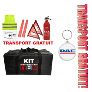 Set Kit - Trusa siguranta auto omologat R.A.R, Stingator cu manometru 1kg P1 , Trusa Medicala, 2 Triunghiuri Reflectorizante , 1 Breloc DAF