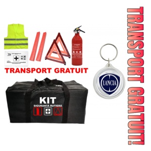 Set Kit - Trusa siguranta auto omologat R.A.R, Stingator cu manometru 1kg P1 , Trusa Medicala, 2 Triunghiuri Reflectorizante , 1 Breloc LANCIA