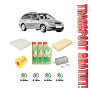 Set Pachet filtre revizie Bosch, 3 litrii ulei Castrol 5W30 SKODA FABIA I Combi (6Y5) 1.2 din 2003-2007, 4x Stickere auto cu SKODA
