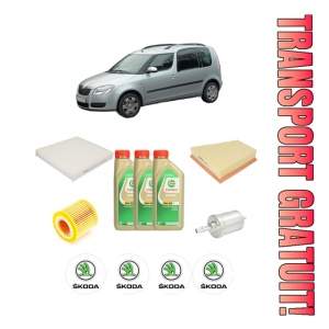 Set Pachet filtre revizie Bosch, 3 litrii ulei Castrol 5W30 SKODA ROOMSTER Praktik (5J) 1.2 din 2007-2015, 4x Stickere auto cu SKODA