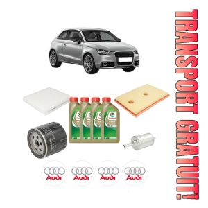 Set Pachet filtre revizie Bosch, 4 litrii ulei Castrol 0W20 AUDI A1 (8X1, 8XK) 1.4 TSI din 2014-2018, 4x Stickere auto cu AUDI