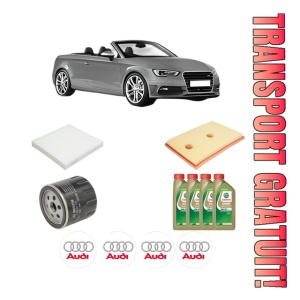 Set Pachet filtre revizie Bosch, 4 litrii ulei Castrol 0W20 AUDI A3 Convertible (8V7, 8VE) 1.4 TSI din 2014-2020, 4x Stickere auto cu AUDI