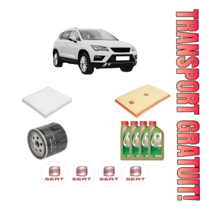 Set Pachet filtre revizie Bosch, 4 litrii ulei Castrol 0W20 SEAT ATECA (KH7, KHP) 1.4 TSI din 2016, 4x Stickere auto cu SEAT