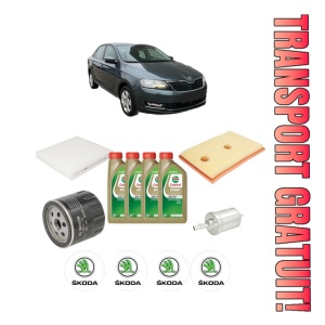 Set Pachet filtre revizie Bosch, 4 litrii ulei Castrol 0W20 SKODA RAPID (NH3, NK3, NK6) 1.2 TSI din 2015-2019, 4x Stickere auto cu SKODA