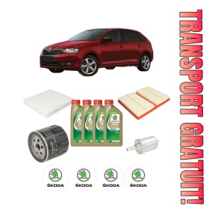 Set Pachet filtre revizie Bosch, 4 litrii ulei Castrol 0W20 SKODA RAPID Spaceback (NH1) 1.0 TSI din 2017-2019, 4x Stickere auto cu SKODA