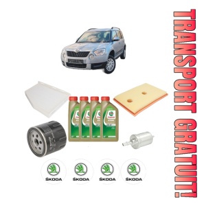 Set Pachet filtre revizie Bosch, 4 litrii ulei Castrol 0W20 SKODA YETI (5L) 1.4 TSI din 2015-2017, 4x Stickere auto cu SKODA
