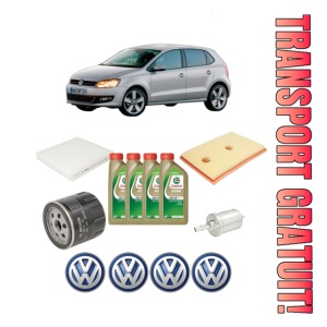Set Pachet filtre revizie Bosch, 4 litrii ulei Castrol 0W20 Volkswagen POLO Van V (6R1, 6C1) 1.2 TSI din 2014-2017, 4x Stickere auto cu Volkswagen