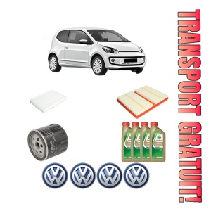 Set Pachet filtre revizie Bosch, 4 litrii ulei Castrol 0W20 Volkswagen UP! (121, 122, BL1, BL2, BL3, 123) 1.0 TSI din 2016-2019, 4x Stickere auto cu Volkswagen