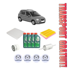 Set Pachet filtre revizie Bosch, 4 litrii ulei Castrol 10W40 MAZDA 2 (DY) 1.4 din 2003-2007, 4x Stickere auto cu MAZDA