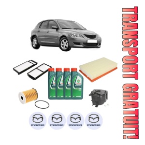 Set Pachet filtre revizie Bosch, 4 litrii ulei Castrol 10W40 MAZDA 3 (BK) 1.6 DI Turbo din 2004-2009, 4x Stickere auto cu MAZDA