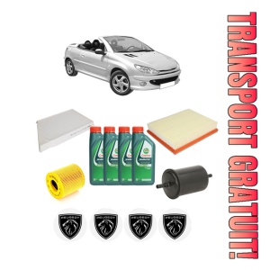 Set Pachet filtre revizie Bosch, 4 litrii ulei Castrol 10W40 PEUGEOT 206 CC (2D) 1.6 16V (2DNFUF, 2DNFUR) din 2000-2007, 4x Stickere auto cu PEUGEOT