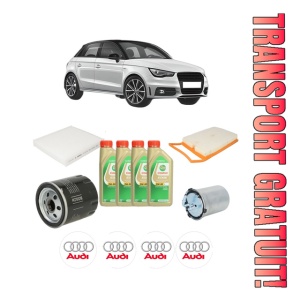 Set Pachet filtre revizie Bosch, 4 litrii ulei Castrol 5W30 AUDI A1 Sportback (8XA, 8XF) 1.4 TDI din 2014-2018, 4x Stickere auto cu AUDI