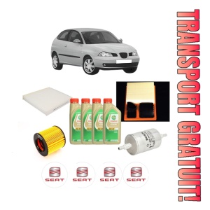 Set Pachet filtre revizie Bosch, 4 litrii ulei Castrol 5W30 SEAT IBIZA III (6L1) 1.6 16V din 2006-2009, 4x Stickere auto cu SEAT