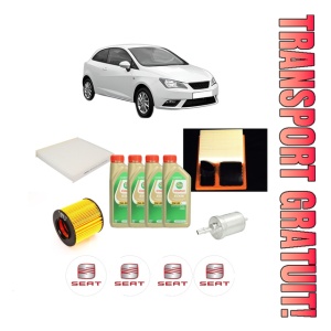 Set Pachet filtre revizie Bosch, 4 litrii ulei Castrol 5W30 SEAT IBIZA IV SC (6J1, 6P5) 1.6 din 2008-2015, 4x Stickere auto cu SEAT
