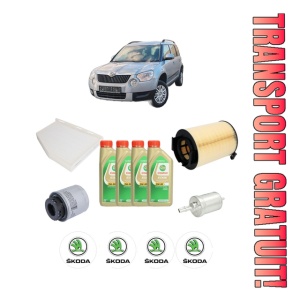 Set Pachet filtre revizie Bosch, 4 litrii ulei Castrol 5W30 SKODA YETI (5L) 1.2 TSI din 2009-2015, 4x Stickere auto cu SKODA