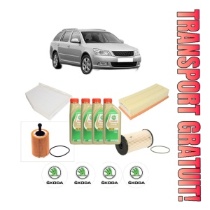 Set Pachet filtre revizie Bosch, 4 litrii ulei Castrol 5W30 SKODA Octavia II Combi (1Z5) 2.0 TDI 16V din 2004-2010, 4x Stickere auto cu SKODA