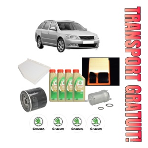 Set Pachet filtre revizie Bosch, 4 litrii ulei Castrol 5W30 SKODA Octavia II Combi (1Z5) 1.4 din 2006-2013, 4x Stickere auto cu SKODA