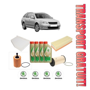 Set Pachet filtre revizie Bosch, 4 litrii ulei Castrol 5W40 SKODA Octavia II Combi (1Z5) 2.0 TDI 16V din 2004-2010, 4x Stickere auto cu SKODA