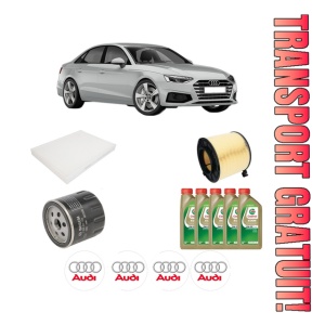 Set Pachet filtre revizie Bosch, 5 litrii ulei Castrol 0W20 AUDI A5 Sportback (F5A, F5F) 1.4 TFSI din 2017-2020, 4x Stickere auto cu AUDI