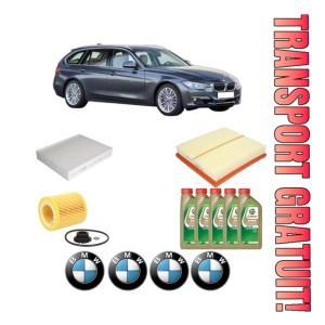Set Pachet filtre revizie Bosch, 5 litrii ulei Castrol 0W20 BMW Seria 3 Touring (F31) 328 i xDrive din 2013-2016, 4x Stickere auto cu BMW