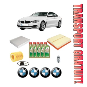 Set Pachet filtre revizie Bosch, 5 litrii ulei Castrol 0W20 BMW Seria 4 Coupe (F32, F82) 420 i din 2013-2017, 4x Stickere auto cu BMW