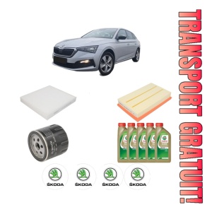 Set Pachet filtre revizie Bosch, 5 litrii ulei Castrol 0W20 SKODA SCALA (NW1) 1.5 TSI din 2019, 4x Stickere auto cu SKODA