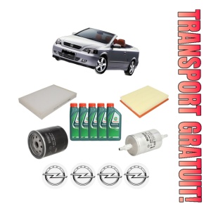 Set Pachet filtre revizie Bosch, 5 litrii ulei Castrol 10W40 OPEL ASTRA G Convertible (T98) 2.0 16V Turbo (F67) din 2002-2005, 4x Stickere auto cu OPEL