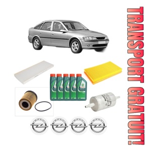 Set Pachet filtre revizie Bosch, 5 litrii ulei Castrol 10W40 OPEL VECTRA B Hatchback (J96) 1.8 i 16V (F68) din 2000-2003, 4x Stickere auto cu OPEL