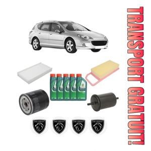 Set Pachet filtre revizie Bosch, 5 litrii ulei Castrol 10W40 PEUGEOT 407 SW (6E_, 6D_) 1.8 din 2004-2005, 4x Stickere auto cu PEUGEOT