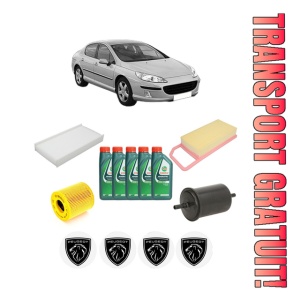 Set Pachet filtre revizie Bosch, 5 litrii ulei Castrol 10W40 PEUGEOT 407 (6D_) 2.0 16V (6DRFJC, 6DRFJE, 6DRFJF) din 2005-2010, 4x Stickere auto cu PEUGEOT