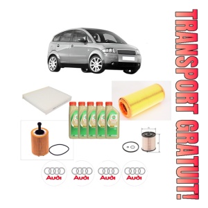 Set Pachet filtre revizie Bosch, 5 litrii ulei Castrol 5W30 AUDI A2 (8Z0) 1.4 TDI din 2003-2005, 4x Stickere auto cu AUDI