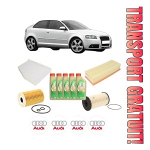 Set Pachet filtre revizie Bosch, 5 litrii ulei Castrol 5W30 AUDI A3 (8P1) 1.6 TDI din 2009-2012, 4x Stickere auto cu AUDI