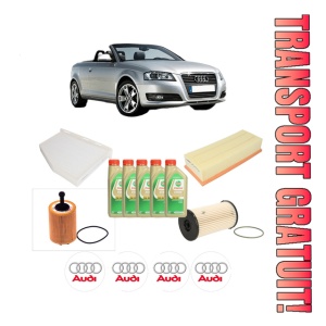 Set Pachet filtre revizie Bosch, 5 litrii ulei Castrol 5W30 AUDI A3 Convertible (8P7) 1.9 TDI din 2008-2009, 4x Stickere auto cu AUDI