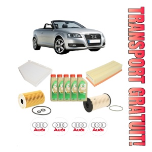Set Pachet filtre revizie Bosch, 5 litrii ulei Castrol 5W30 AUDI A3 Convertible (8P7) 1.6 TDI din 2009-2013, 4x Stickere auto cu AUDI