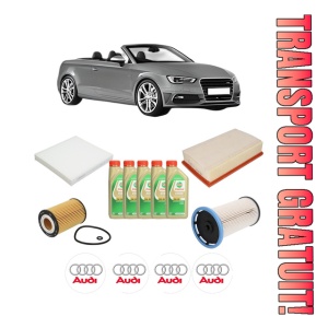 Set Pachet filtre revizie Bosch, 5 litrii ulei Castrol 5W30 AUDI A3 Convertible (8V7, 8VE) 2.0 TDI din 2013-2016, 4x Stickere auto cu AUDI