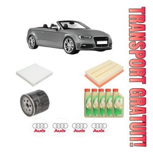 Set Pachet filtre revizie Bosch, 5 litrii ulei Castrol 5W30 AUDI A3 Convertible (8V7, 8VE) 1.5 TFSI din 2017-2018, 4x Stickere auto cu AUDI