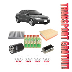 Set Pachet filtre revizie Bosch, 5 litrii ulei Castrol 5W30 AUDI A4 B6 (8E2) 2.0 FSI din 2002-2004, 4x Stickere auto cu AUDI