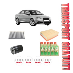 Set Pachet filtre revizie Bosch, 5 litrii ulei Castrol 5W30 AUDI A4 B7 (8EC) 1.8 T din 2004-2008, 4x Stickere auto cu AUDI
