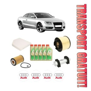 Set Pachet filtre revizie Bosch, 5 litrii ulei Castrol 5W30 AUDI A5 (8T3) 2.0 TDI quattro din 2013-2017, 4x Stickere auto cu AUDI