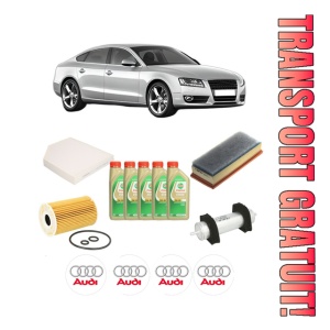 Set Pachet filtre revizie Bosch, 5 litrii ulei Castrol 5W30 AUDI A5 Sportback (8TA) 2.0 TDI din 2011-2017, 4x Stickere auto cu AUDI