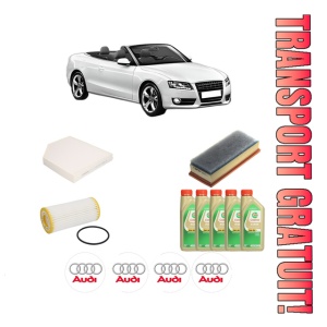 Set Pachet filtre revizie Bosch, 5 litrii ulei Castrol 5W30 AUDI A5 Convertible (8F7) 2.0 TFSI quattro din 2015-2017, 4x Stickere auto cu AUDI