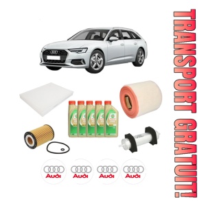 Set Pachet filtre revizie Bosch, 5 litrii ulei Castrol 5W30 AUDI A6 C8 (4A2) 40 TDI din 2019, 4x Stickere auto cu AUDI