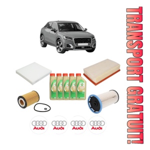 Set Pachet filtre revizie Bosch, 5 litrii ulei Castrol 5W30 AUDI Q2 (GAB, GAG) 1.6 TDI din 2016-2018, 4x Stickere auto cu AUDI