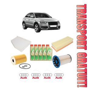 Set Pachet filtre revizie Bosch, 5 litrii ulei Castrol 5W30 AUDI Q3 (8UB, 8UG) 2.0 TDI quattro din 2011-2015, 4x Stickere auto cu AUDI