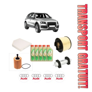 Set Pachet filtre revizie Bosch, 5 litrii ulei Castrol 5W30 AUDI Q5 (8RB) 2.0 TDI quattro din 2009-2017, 4x Stickere auto cu AUDI