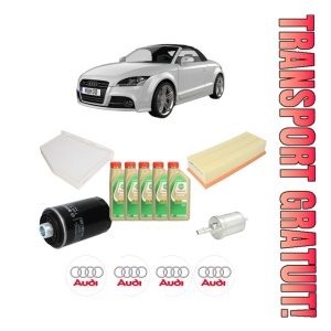 Set Pachet filtre revizie Bosch, 5 litrii ulei Castrol 5W30 AUDI TT Roadster (8J9) 2.0 TFSI din 2010-2014, 4x Stickere auto cu AUDI