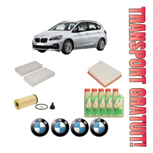 Set Pachet filtre revizie Bosch, 5 litrii ulei Castrol 5W30 BMW Seria 2 Active Tourer (F45) 216 i din 2015-2018, 4x Stickere auto cu BMW