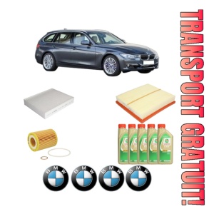 Set Pachet filtre revizie Bosch, 5 litrii ulei Castrol 5W30 BMW Seria 3 Touring (F31) 316 i din 2013-2015, 4x Stickere auto cu BMW