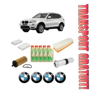 Set Pachet filtre revizie Bosch, 5 litrii ulei Castrol 5W30 BMW Seria X3 (F25) sDrive 18 d din 2014-2017, 4x Stickere auto cu BMW